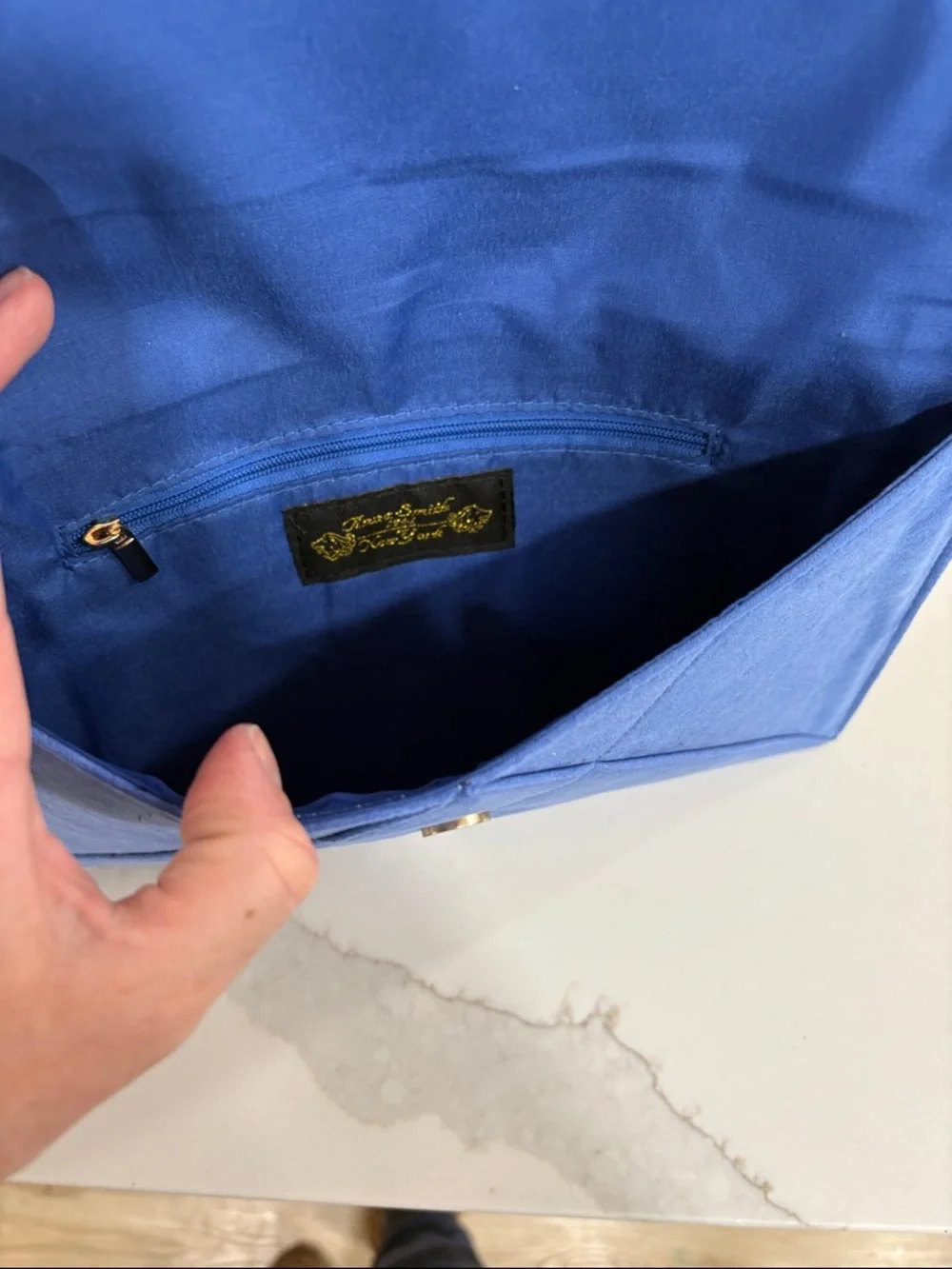Blue Suede Envelope Clutch with Gold Bar Detail - Picture 3 of 4